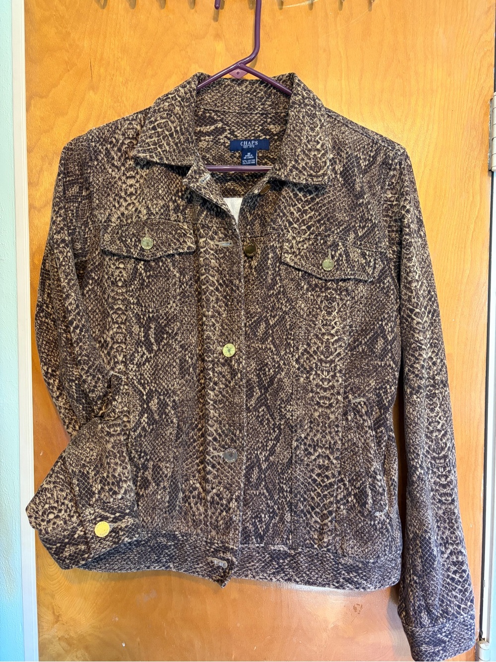 Chaps Snake-Print Jean Jacket in Brown and Tan. Medium